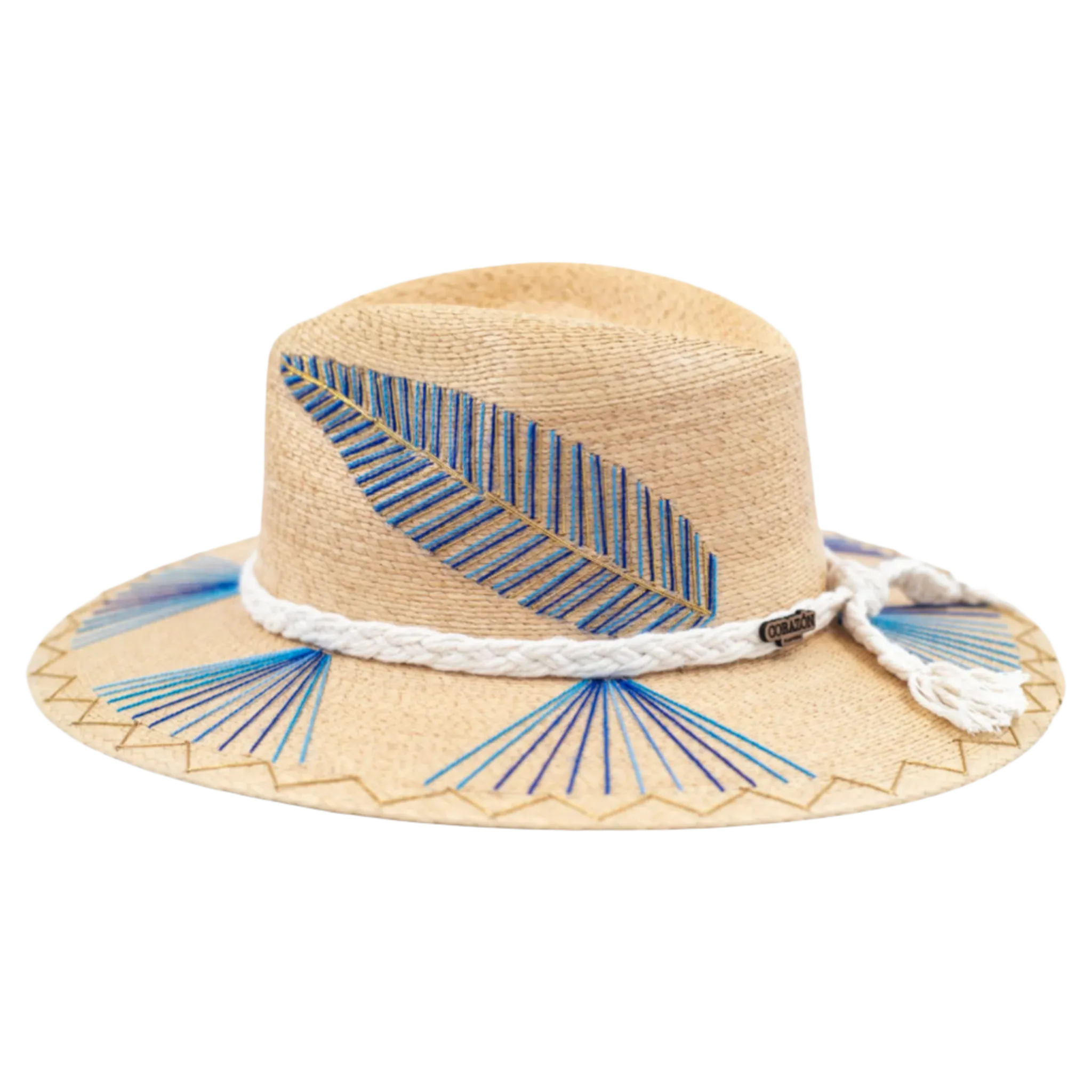 Exclusive Blue Feather, Natural Palm Hat by Corazon Playero