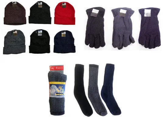 men's winter hats, gloves and wool blend socks combo Case of 180