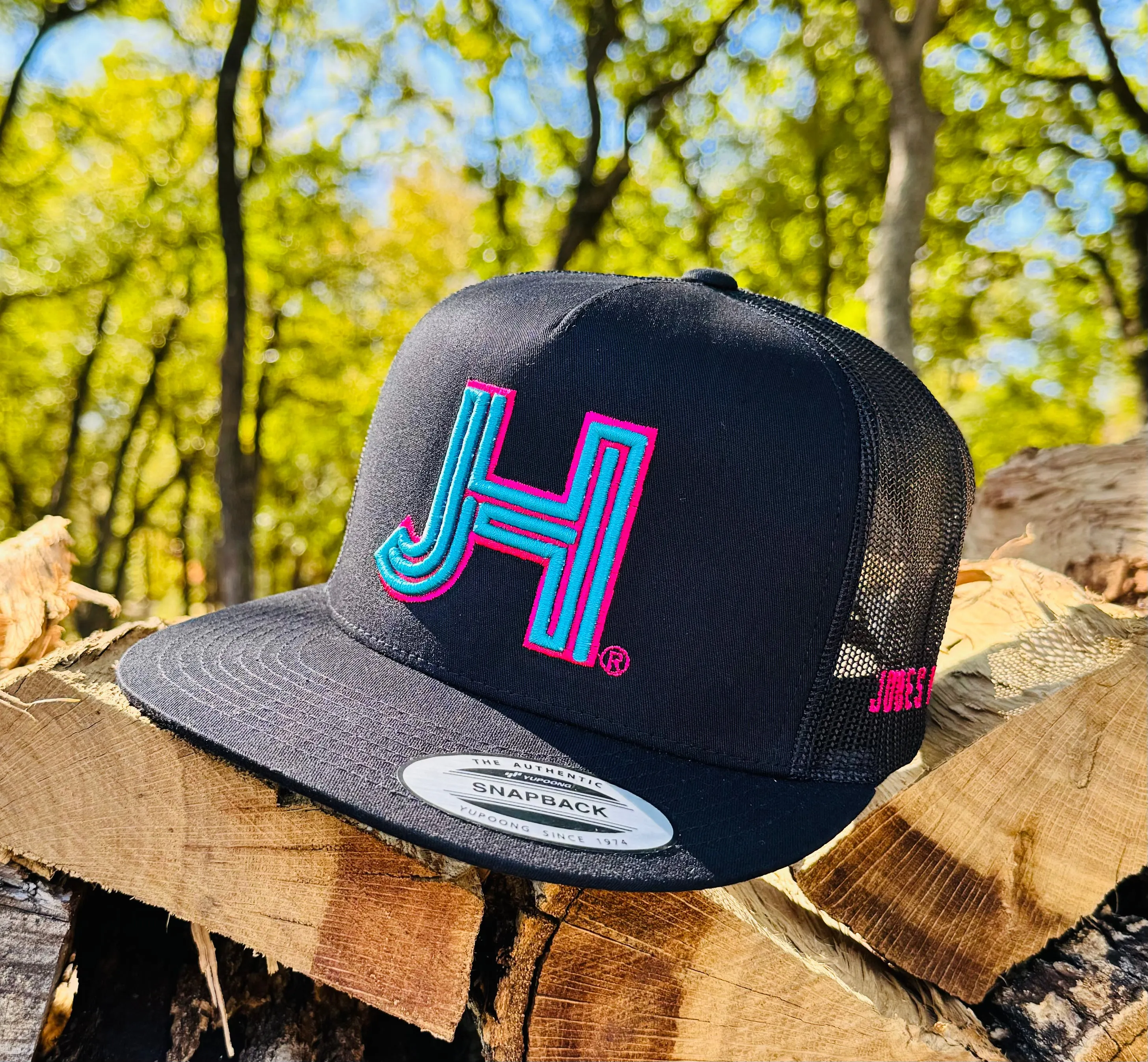 NEW Jobes Hats Trucker - All Black 3D Baby Blue / Hot Pink Outline